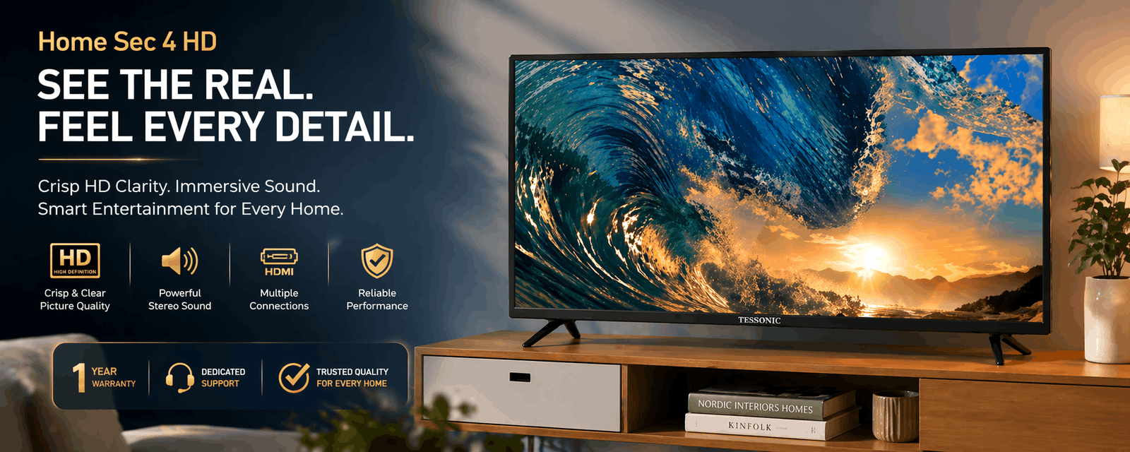Rythm Business modern home appliances and smart TV display in stylish living room