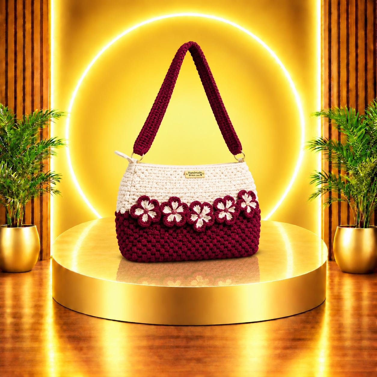Maroon Blossom Crochet Shoulder Bag
